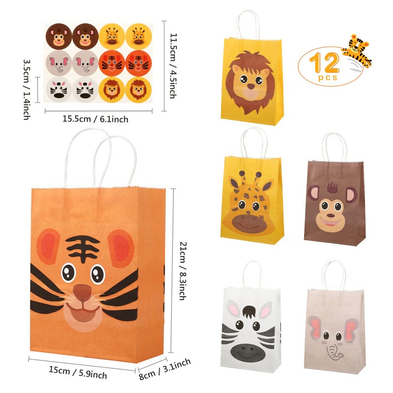 GWHOLE 12 Pack Jungle Animal Themed Candy Goodie Bags, Kraft Paper Treat Bags with Handles for Baby Shower Kids Birthday Party Safari Favors - Image 3